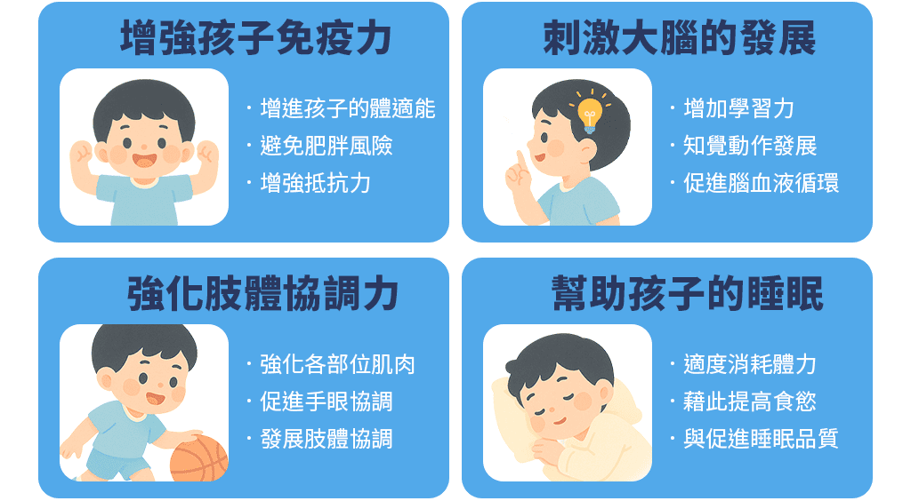 增強孩子免疫力、刺激大腦的發展、強化肢體協調力、幫助孩子的睡眠